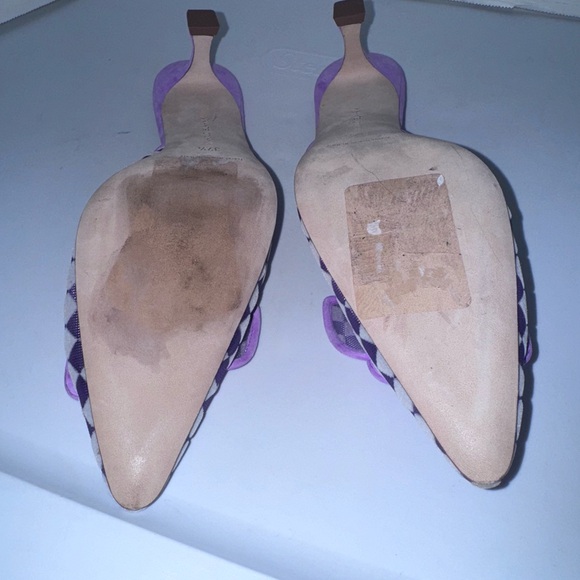 Manolo Blahnik Maysalebi Purple Check Kitten Heel Mule Pumps 37.5=7.5 - Picture 5 of 6